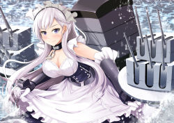 Rule 34 | 1girl, apron, arm guards, azur lane, belfast (azur lane), blush, braid, breasts, broken, broken chain, chain, chain, cleavage, clothes lift, collar, collarbone, commentary request, corset, dress, elbow gloves, french braid, frilled dress, frills, gloves, kanzaki kureha, large breasts, leaning forward, long hair, looking at viewer, machinery, maid, maid apron, maid headdress, ocean, purple eyes, silver hair, skirt, skirt lift, sleeveless, sleeveless dress, smile, solo, turret, waist apron, white apron, white gloves