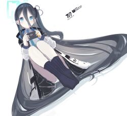 Rule 34 | 1girl, absurdly long hair, absurdres, aris (blue archive), blue archive, blue eyes, blue hair, blush, commentary request, dark blue hair, english text, force (fossan 01), full body, hair between eyes, halo, headband, highres, jacket, long hair, panties, playing games, school uniform, sitting, solo, underwear, very long hair, white background, white panties