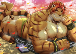 Rule 34 | ass, beach, bead bracelet, beads, biceps, blush, bracelet, carpet, cellphone, cloud, cloudy sky, confetti, furry, furry male, highres, huge ass, jewelry, key, looking at viewer, lying, male swimwear, miazuma shouki, muscular, muscular male, necklace, nipples, nomad (housamo), ocean, on back, orange fur, outdoors, phone, red hair, short hair, sky, spiked hair, sunset, sweat, sweatdrop, swim briefs, swimsuit, teeth, thick arms, thick eyebrows, thick thighs, thighs, tokyo houkago summoners, yellow male swimwear, yellow swim briefs