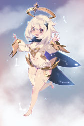 Rule 34 | 1girl, absurdres, arrow (symbol), barefoot, blue cape, blue eyes, blush, cape, constellation, covered erect nipples, covered navel, fingernails, genshin impact, glowing, hair between eyes, hair ornament, halo, highres, hitobashira (1746164306), open mouth, paimon (genshin impact), short hair, sleeves past wrists, solo, sweat, thighhighs, tight clothes, tongue, white hair, white thighhighs