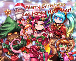 Rule 34 | 2boys, 4girls, alternate costume, beard, blonde hair, blue eyes, blue hair, box, braum (league of legends), breasts, character request, christmas, cleavage, colored skin, commentary, decorating, elbow gloves, english commentary, facial hair, facial mark, fang, festive maokai, gift, gift box, gloves, gradient hair, grin, hair ornament, happy new year, height difference, highres, league of legends, lizard tail, long hair, maokai, medium breasts, merry christmas, mittens, multicolored hair, multiple boys, multiple girls, neeko (league of legends), new year, orange hair, out of frame, phantom ix row, pink skin, poppy (league of legends), red gloves, red hood, reptile girl, santa braum, santa claus, santa costume, silent night sona, sitting, slit pupils, small breasts, smile, snow fawn poppy, sona (league of legends), star (symbol), star hair ornament, sweatdrop, tail, thick eyebrows, twintails, winter wonder neeko, yordle, zyra