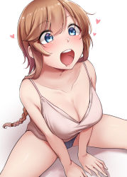 Rule 34 | 1girl, absurdres, bare shoulders, blue eyes, blue panties, blush, braid, breasts, brown hair, cleavage, collarbone, commentary request, drooling, hair between eyes, heart, highres, kantai collection, kiritto, large breasts, long hair, looking at viewer, mouth drool, open mouth, panties, shirt, shorts, simple background, sitting, solo, teeth, teruzuki (kancolle), twin braids, underwear, upper teeth only, white background, white shirt