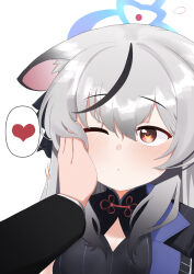 Rule 34 | 1boy, 1girl, 1other, animal ears, black hair, black jacket, blue archive, blush, brown eyes, china dress, chinese clothes, commentary request, dress, grey hair, halo, hand on another&#039;s cheek, hand on another&#039;s face, heart, jacket, kokona (blue archive), long hair, multicolored hair, odaneru apart, one eye closed, partial commentary, simple background, spoken heart, streaked hair, two-tone hair, white background