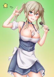 Rule 34 | 1girl, alternate costume, anti (untea9), apron, arm garter, barmaid, between breasts, blonde hair, blue skirt, blush, breasts, collarbone, cross, dirndl, embarrassed, german clothes, gradient background, graf zeppelin (kancolle), green background, grey eyes, hair between eyes, highres, iron cross, kantai collection, large breasts, medium hair, microphone, skirt, solo, star (symbol), twintails, underbust, v, waist apron, wavy mouth