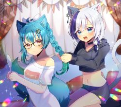 Rule 34 | 2girls, :d, animal ear fluff, animal ears, black hoodie, black shorts, blue eyes, blue hair, blurry, blurry background, bow, braiding hair, breasts, brown eyes, cat ears, cat girl, cat tail, closed mouth, collarbone, commentary request, commission, copyright request, crop top, curtains, depth of field, drawstring, ear piercing, fang, grey hair, hair between eyes, hair bow, hair ornament, hairclip, hairdressing, hood, hood down, hoodie, kou hiyoyo, long sleeves, multicolored hair, multiple girls, off shoulder, open mouth, pennant, piercing, puffy long sleeves, puffy sleeves, purple hair, shirt, short shorts, short sleeves, shorts, skeb commission, small breasts, smile, streaked hair, string of flags, tail, virtual youtuber, white bow, white shirt