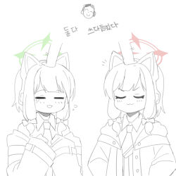 Rule 34 | 1boy, 26th, 2girls, :3, animal ear headphones, animal ears, doodle sensei (blue archive), blue archive, blush, bow, closed eyes, closed mouth, collared shirt, fake animal ears, flying sweatdrops, hair bow, halo, hands up, headpat, headphones, highres, hood, hood down, hooded jacket, jacket, korean text, long hair, long sleeves, midori (blue archive), momoi (blue archive), monochrome, multiple girls, necktie, off shoulder, open clothes, open jacket, open mouth, sensei (blue archive), shirt, short necktie, siblings, sidelocks, simple background, sisters, sleeves past wrists, spot color, tears, translation request, twins, v-shaped eyebrows, white background, wide sleeves