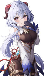 Rule 34 | 1girl, absurdres, ahoge, backlighting, bare shoulders, bell, black gloves, blue hair, blush, bodystocking, breasts, chinese knot, detached sleeves, ganyu (genshin impact), genshin impact, gloves, goat horns, hair between eyes, highres, horns, legs together, long hair, long sleeves, looking at viewer, medium breasts, neck bell, pluto (97dwnstjq), purple eyes, solo, wavy mouth, white background