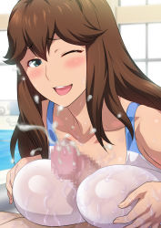 Rule 34 | 1boy, 1girl, air mattress, bare shoulders, blue eyes, blush, breasts, breasts squeezed together, brown hair, censored, character request, cum, day, ejaculation, hair between eyes, highres, indoors, jk fuuzoku gakuensai, joy ride, large breasts, long hair, looking at viewer, lotion, lotion play, lube, lying, madoka-chan (jk fuuzoku gakuensai), mosaic censoring, nuru massage, oil, one eye closed, open mouth, original, paizuri, paizuri over clothes, penis, pool, sleeveless, smile, soapland, solo focus, swimsuit, water, wet, wet clothes