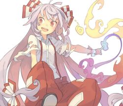 Rule 34 | 1girl, bow, fire, fujiwara no mokou, hair bow, hair ornament, hair ribbon, jpeg artifacts, long hair, looking to the side, morino hon, open mouth, outstretched arm, pants, red eyes, ribbon, shirt, short sleeves, silver hair, simple background, smile, solo, torn clothes, torn sleeves, touhou, very long hair, white background