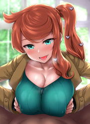 Rule 34 | 1boy, 1girl, aqua eyes, blush, breasts, breasts squeezed together, cleavage, coat, collarbone, creatures (company), game freak, green sweater, hetero, highres, large breasts, long hair, long sleeves, looking at viewer, nintendo, open mouth, orange hair, paizuri, paizuri under clothes, pokemon, pokemon swsh, side ponytail, smile, solo focus, sonia (pokemon), sweater, trench coat, uni8