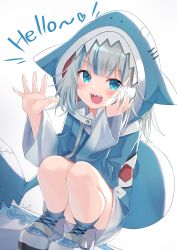 Rule 34 | 1girl, :d, animal hood, blue eyes, blue hair, blue hoodie, blue socks, blush, commentary request, drawstring, dutch angle, english text, fins, fish tail, gawr gura, gawr gura (1st costume), hands up, highres, hololive, hololive english, hood, hood up, hoodie, long sleeves, looking at viewer, multicolored hair, open mouth, shark hood, shark tail, sharp teeth, shoes, silver hair, smile, socks, solo, squatting, streaked hair, tail, teeth, tsukiman, v-shaped eyebrows, virtual youtuber, white background, white footwear, wide sleeves