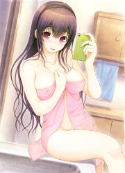 Rule 34 | 1girl, absurdres, areola slip, bare shoulders, black hair, blush, breasts, cellphone, collarbone, completely nude, covered erect nipples, covering privates, covering breasts, dutch angle, hair between eyes, hairband, highres, kimi to kanojo to kanojo no koi., large breasts, long hair, looking at viewer, naked towel, nipples, nude, official art, phone, purple eyes, scan, selfie, sitting, smartphone, smile, solo, sone miyuki, topless, towel, tsuji santa, wet, wet hair