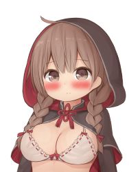 Rule 34 | 1girl, ahoge, black capelet, bow, bra, braid, breasts, brown eyes, brown hair, capelet, commentary request, gloves, hair between eyes, hair bow, hood, hooded capelet, kantai collection, looking at viewer, nepty (silkey vod), red bow, ribbon-trimmed bra, shinshuu maru (kancolle), simple background, solo, twin braids, underwear, upper body, white background, white bra