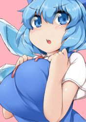 Rule 34 | &gt;:o, 1girl, :o, alternate breast size, blue eyes, blue hair, blush, bow, breasts, chestnut mouth, cirno, female focus, fun bo, hair bow, hands on own chest, ice, ice wings, large breasts, looking at viewer, matching hair/eyes, open mouth, pink background, red ribbon, ribbon, short hair, short sleeves, simple background, solo, touhou, v-shaped eyebrows, wings