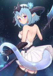 Rule 34 | 1girl, bare shoulders, black thighhighs, blue flower, blue hair, blush, breasts, closed mouth, commentary request, curled horns, dragon girl, dragon horns, dragon tail, dress, flower, from behind, garter straps, gauntlets, granblue fantasy, hair between eyes, hair flower, hair ornament, headpiece, highres, holding, holding weapon, horns, looking at viewer, looking back, pointy ears, purple eyes, revision, shadowverse, short hair, small breasts, solo, strapless, strapless dress, tail, thighhighs, uneg, weapon, white dress, whitefrost dragonewt filene