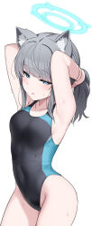 Rule 34 | 1girl, absurdres, adjusting hair, animal ear fluff, animal ears, bare arms, bare shoulders, black one-piece swimsuit, blue archive, blue eyes, blue halo, blush, breasts, competition swimsuit, cowboy shot, csham, grey hair, halo, highres, looking at viewer, medium breasts, medium hair, official alternate costume, one-piece swimsuit, open mouth, shiroko (blue archive), shiroko (swimsuit) (blue archive), simple background, solo, swimsuit, white background, wolf ears