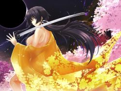 Rule 34 | 1girl, back, black hair, breasts, cherry blossoms, eclipse, highres, japanese clothes, katana, large breasts, long hair, looking back, miyata sou, muv-luv, muv-luv alternative, muv-luv total eclipse, nude, see-through, solo, sword, takamura yui, weapon
