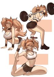 Rule 34 | absurdres, alternate costume, angelina (arknights), animal ears, arknights, back, ball, barbell, bare legs, basketball, black shorts, breasts, brown hair, clothes around waist, collar, distr, dolphin shorts, expressions, hairband, highres, holding, holding ball, large breasts, legs, long hair, looking at viewer, multiple views, navel, open mouth, orange eyes, serious, shoes, shorts, simple background, sneakers, sports bra, sportswear, squatting, stretching, sweat, tail, thigh strap, twintails, very long hair, white background, white sports bra, yoga