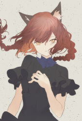 Rule 34 | 1girl, animal ear fluff, animal ears, black dress, braid, cat ears, cat girl, commentary request, dress, grey background, highres, iris-san, kaenbyou rin, looking at viewer, nekomata, open mouth, red eyes, red hair, short sleeves, side braids, simple background, slit pupils, solo, touhou, twin braids, upper body