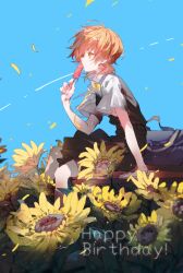 Rule 34 | 1girl, absurdres, ahoge, aoldwang, bag, commentary request, flower, food, happy birthday, highres, holding, holding food, holding popsicle, koito yuu, orange hair, outdoors, popsicle, ribbon, school bag, school uniform, short sleeves, short twintails, sitting, solo, sunflower, tohmi higashi high school uniform, twintails, yagate kimi ni naru, yellow background, yellow ribbon
