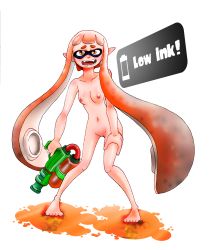 Rule 34 | 1girl, absurdres, barefoot, bodypaint, breasts, domino mask, fangs, flat chest, full body, gun, highres, ink, inkling player character, mask, navel, nintendo, nipples, nude, open mouth, orange hair, paint, paint splatter, pointy ears, pokecchi-dex, shiny skin, small breasts, solo, splatoon (series), splatter, super smash bros., tagme, tentacle hair, textbox, transparent background, uncensored, water gun, weapon