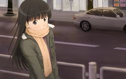 Rule 34 | 1girl, amagami, ayatsuji tsukasa, car, female focus, gebo, jacket, long hair, motor vehicle, outdoors, road, scarf, solo, street, vehicle