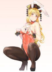 Rule 34 | 1girl, absurdres, alternate costume, ameyame, animal ears, bad id, bad pixiv id, bare arms, bare shoulders, black pantyhose, blonde hair, blush, breasts, cup, detached collar, detached sleeves, drinking glass, female focus, full body, hair ornament, high heels, highleg, highleg leotard, highres, holding, holding cup, holding drinking glass, junko (touhou), large breasts, legs folded, leotard, long hair, looking at viewer, pantyhose, playboy bunny, rabbit ears, rabbit tail, red eyes, red leotard, solo, squatting, tail, touhou, very long hair, wine glass