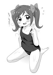 Rule 34 | 1girl, :d, bare arms, bare legs, bare shoulders, barefoot, blush, bow, child, flying sweatdrops, full body, greyscale, hair bow, highres, kamisama minarai: himitsu no cocotama, leonardo 16sei, looking at viewer, monochrome, one-piece swimsuit, open mouth, simple background, smile, solo, swimsuit, twintails, v, white background, yotsuba kokoro