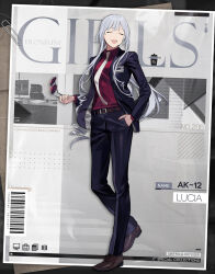 Rule 34 | 1girl, ak-12 (girls&#039; frontline), ak-12 (lucia) (girls&#039; frontline), barcode, belt, black jacket, black pants, brown footwear, business suit, closed eyes, commentary, duoyuanjun, english commentary, unworn eyewear, facing viewer, formal, full body, girls&#039; frontline, grey hair, hand in pocket, highres, holding, holding removed eyewear, id card, jacket, long hair, long sleeves, necktie, office lady, official alternate costume, official art, open mouth, pants, paperclip, promotional art, red shirt, second-party source, shirt, shoes, solo, standing, standing on one leg, suit, sunglasses, very long hair, white necktie