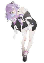 Rule 34 | 1girl, bai tang, bandaged leg, bandages, bare legs, bare shoulders, black footwear, black ribbon, blue hair, blunt bangs, bow, bow legwear, collarbone, colored inner hair, covered mouth, dot nose, dress, ghost hair ornament, hair over one eye, hair ribbon, head tilt, highres, holding, holding stuffed toy, light blue hair, light blush, long sleeves, looking at viewer, mary janes, medium hair, multicolored hair, one eye covered, original, pink bow, pleated dress, purple hair, ribbon, shoes, short dress, simple background, sleeves past wrists, socks, solo, standing, stuffed toy, tachi-e, two-tone hair, two side up, virtual youtuber, white background, white dress, white socks, yellow eyes