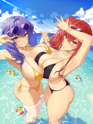 Rule 34 | 2girls, absurdres, ariso kaoru, ass, azur lane, bare shoulders, bikini, blush, breast press, breasts, breasts out, brown eyes, grin, highres, large breasts, long hair, looking at viewer, multiple girls, nipples, outdoors, pola (azur lane), pola (seaside coincidence) (azur lane), ponytail, red hair, shiny clothes, shiny skin, smile, sunglasses, sunglasses on head, swimsuit, symmetrical docking, thick thighs, thighhighs, thighs, v, water, wet, wet clothes, wet hair, zara (azur lane), zara (poolside coincidence) (azur lane)