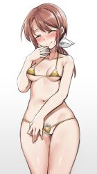 Rule 34 | 1girl, absurdres, bare arms, bikini, blush, breasts, brown hair, closed eyes, closed mouth, covered erect nipples, feet out of frame, female pubic hair, gold bikini, gradient background, grey background, hand to own mouth, hand up, harigane shinshi, head tilt, highres, legs together, medium breasts, micro bikini, navel, ponytail, pubic hair, pussy juice, sakai chigusa, shakugan no shana, smile, solo, standing, steam, straight hair, string bikini, sweat, swept bangs, swimsuit