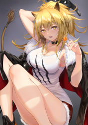 Rule 34 | 1girl, animal ears, arknights, arm up, bare legs, black choker, black footwear, black jacket, blonde hair, blush, breasts, candy, choker, cleavage, commentary, feet out of frame, food, fur-trimmed jacket, fur-trimmed shorts, fur trim, grey background, hair between eyes, hand up, highres, holding, holding food, jacket, jacket on shoulders, knees up, ko-ma, large breasts, lion ears, lion tail, lollipop, long hair, looking at viewer, open clothes, open jacket, open mouth, red shorts, shoes, short shorts, shorts, siege (arknights), sitting, solo, tail, tank top, thighs, white tank top, yellow eyes