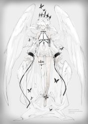 Rule 34 | 1boy, 81kaia, angel, angel wings, ankle wings, bodysuit, bug, butterfly, covered eyes, cuffs, detached sleeves, facing viewer, flower, full body, halo, handcuffs, head wings, highres, insect, long sleeves, low wings, male focus, multiple wings, original, rose, shirt, short shorts, shorts, sleeveless, sleeveless bodysuit, solo, tattoo, thighhighs, white background, white flower, white rose, white shirt, white thighhighs, wings