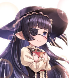 Rule 34 | 1girl, black dress, black hair, black hat, black ribbon, blunt bangs, blush, book, center frills, closed mouth, commentary request, dress, eyepatch, floating hair, frilled dress, frills, glint, gothic lolita, granblue fantasy, harvin, hat, hat ribbon, highres, holding, holding book, hugging object, juliet sleeves, lolita fashion, long hair, long sleeves, looking at viewer, lunalu (granblue fantasy), pointy ears, puffy sleeves, purple eyes, ribbon, sidelocks, simple background, smile, solo, sparkle, striped ribbon, tearing up, tomo (tmtm mf mf), upper body, white background, white dress, white ribbon