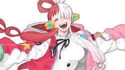 Rule 34 | 1girl, 91007, ^ ^, blush, breasts, closed eyes, hair over one eye, hair rings, headphones, highres, hood, hooded jacket, jacket, long hair, medium breasts, multicolored hair, one piece, one piece film: red, rainbow print, red hair, ribbon, smile, solo, split-color hair, twintails, two-tone hair, upper body, uta (one piece), white background, white hair
