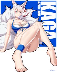 Rule 34 | 1girl, absurdres, animal ears, azur lane, barefoot, bikini, blue bikini, blue eyes, blush, breasts, character name, cleavage, danfer3, english text, feet, foreshortening, fox ears, fox tail, highres, kaga (azur lane), kaga (everlasting killing stone) (azur lane), large breasts, looking at viewer, short hair, silver hair, sitting, solo, swimsuit, tail, toes