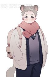 Rule 34 | 1boy, animal ears, backpack, bag, blush, brown eyes, commentary, fat, fat man, fluffy, hands in pockets, korean commentary, layered clothes, looking at viewer, male focus, mongz, necktie, scarf, tail, thick eyebrows, watermark, white background, winter uniform