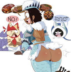 Rule 34 | 1girl, armor, ass, bandana, breasts, brown hair, cat, coat, constricted pupils, dark skin, eyelashes, felyne, food, highres, jinu (jinusenpai), large breasts, monster hunter (series), monster hunter: world, open mouth, saliva, scar, short hair, speech bubble, symbol-shaped pupils, whiskers, white background, wide hips, yellow eyes