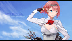 Rule 34 | 1girl, ark royal (kancolle), blue eyes, blue sky, bob cut, breasts, brown gloves, character name, cleavage cutout, closed mouth, clothing cutout, cloud, cloudy sky, day, earrings, fingerless gloves, gloves, hair flip, hairband, highres, jewelry, kantai collection, long sleeves, looking at viewer, namiki kojiro, quiver, red hair, red ribbon, ribbon, rigging, short hair, shorts, sky, smile, solo, stud earrings, tiara