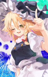Rule 34 | 1girl, ;d, absurdres, apron, arm at side, black hat, black vest, blonde hair, blush, bow, braid, calpis118, commentary, cowboy shot, emphasis lines, eyes visible through hair, finger gun, fingernails, hair between eyes, hair bow, hand up, hat, highres, kirisame marisa, long hair, looking at viewer, one eye closed, open mouth, puffy short sleeves, puffy sleeves, red bow, shirt, short sleeves, simple background, single braid, smile, solo, teeth, textless version, tongue, touhou, tsurime, vest, waist apron, white apron, white shirt, witch hat, yellow eyes