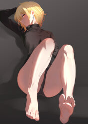 Rule 34 | 1girl, alternate costume, alternate hair length, alternate hairstyle, bare legs, barefoot, black background, black panties, black shirt, blonde hair, breasts, closed mouth, cohi27151463, commentary, earrings, feet, full body, hashtag-only commentary, head tilt, highres, hololive, hololive indonesia, jewelry, kaela kovalskia, long sleeves, looking at viewer, medium breasts, panties, red eyes, shirt, short hair, simple background, sitting, smile, soles, solo, toes, turtleneck, underwear, virtual youtuber