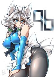 Rule 34 | 1girl, alternate costume, apron, arched back, bare shoulders, black necktie, black pantyhose, blue eyes, blue leotard, bow, braid, breasts, bridal gauntlets, colored eyelashes, cowboy shot, eyelashes, hair between eyes, hair bow, hand on own thigh, highres, izayoi sakuya, large breasts, leotard, looking at viewer, maid headdress, necktie, pantyhose, parted lips, silver hair, simple background, solo, tajima yuuki, thighband pantyhose, thighs, touhou, twin braids, waist apron, white background