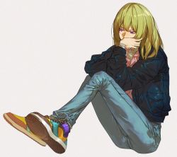 Rule 34 | 1boy, androgynous, blue jacket, casual, contemporary, covering own mouth, crossed ankles, denim, enkidu (fate), fate/grand order, fate (series), green hair, jacket, jeans, kingu (fate), long hair, maka (mksrw), male focus, pants, purple eyes, shoes, sitting, sneakers, solo