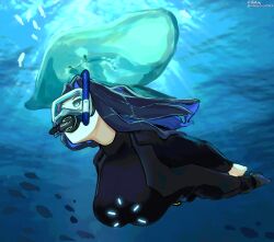 Rule 34 | black hair, black wetsuit, blaparky, blue eyes, blue hair, bodysuit, breasts, colored inner hair, commentary, diving mask, diving regulator, diving suit, english commentary, goggles, hair intakes, highres, hololive, hololive english, large breasts, looking ahead, multicolored hair, official alternate hair length, official alternate hairstyle, ouro kronii, signature, skin tight, snorkel, twitter username, underwater, virtual youtuber, wetsuit, whale