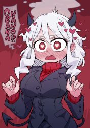 Rule 34 | 1girl, black suit, blush, breasts, commentary, d:, demon girl, demon tail, ear blush, embarrassed, formal, full-face blush, hair between eyes, hands up, heart, heart-shaped pupils, helltaker, highres, horns, large breasts, long hair, long sleeves, looking at viewer, modeus (helltaker), open mouth, red eyes, red sweater, ribbed sweater, romaji text, solo, steam, suit, sweater, symbol-shaped pupils, tail, turtleneck, turtleneck sweater, upper body, white hair, yandama