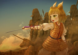 Rule 34 | 1girl, absurdres, armor, armored dress, army, blonde hair, bloomers, blunt bangs, blush, cliff, cloud, commentary, double bun, ekaapetto, gradient sky, hair bun, hair ribbon, haniwa (statue), highres, holding, holding sword, holding weapon, horse, joutouguu mayumi, light blush, looking to the side, mountainous horizon, open mouth, outdoors, outstretched arm, puffy short sleeves, puffy sleeves, ribbon, shirt, short hair, short sleeves, sky, solo, standing, sword, touhou, twilight, underwear, vambraces, weapon, white shirt, yellow eyes