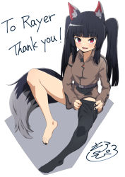 Rule 34 | 1girl, animal ear fluff, animal ears, bad id, bad pixiv id, barefoot, belt, blunt bangs, collared shirt, commission, english text, fox ears, fox girl, fox tail, from above, long sleeves, mikan (rayer), nail polish, original, applying pedicure, pixiv commission, putting on legwear, red eyes, salpin, shirt, skirt, slit pupils, tail, thank you, thighhighs, toenail polish, toenails, toes, twintails