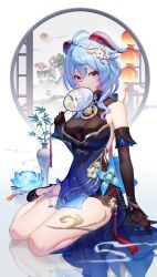 Rule 34 | 1girl, ahoge, bare shoulders, black footwear, black gloves, blue dress, blue hair, breasts, commentary request, detached sleeves, dress, ganyu (genshin impact), ganyu (twilight blossom) (genshin impact), genshin impact, gloves, hair ornament, high heels, highres, holding, horns, large breasts, lightria, long hair, long sleeves, looking at viewer, official alternate costume, sitting, sleeveless, sleeveless dress, smile, solo, thighs