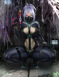 Rule 34 | 1girl, black bodysuit, bodysuit, breasts, covered erect nipples, elf, energy gun, full body, gas mask, glowing, gluteal fold, gun, highres, holding, holding gun, holding weapon, houtengeki, large breasts, latex, liquid, looking at viewer, mask, original, pointy ears, red eyes, ruins, science fiction, short eyebrows, silver hair, solo, spread legs, squatting, thick thighs, thigh strap, thighs, weapon